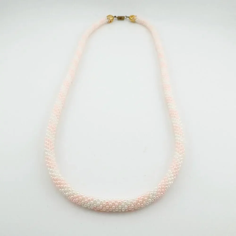 Vintage Pink White‎ Beaded Rope Necklace Gold Tone Filigree Clasp Handmade